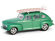 1946 Ford Fordor Super Deluxe Green Metallic with White Interior and Roof Rack with Surfboards "The Hobby Shop" Series 16 1/64 Diecast Model Car by Greenlight image 3