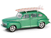 1946 Ford Fordor Super Deluxe Green Metallic with White Interior and Roof Rack with Surfboards "The Hobby Shop" Series 16 1/64 Diecast Model Car by Greenlight image 3