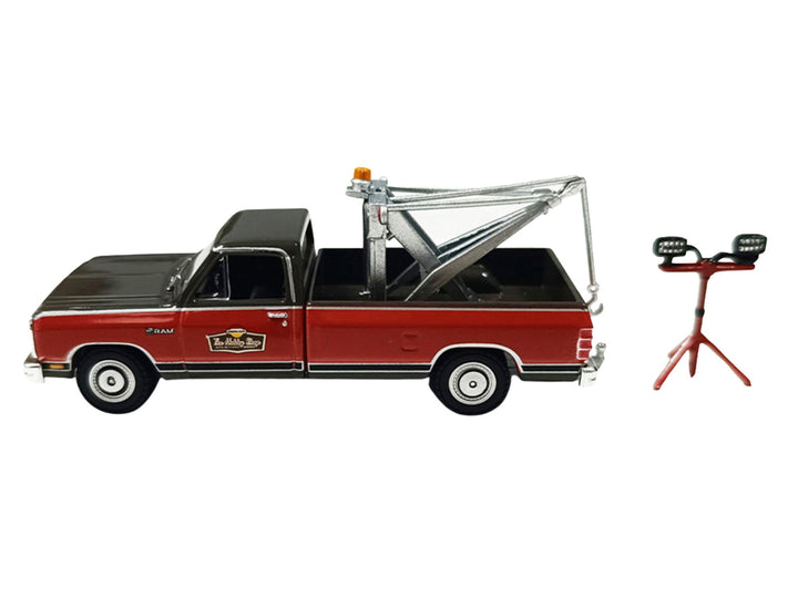 1983 Dodge Ram D-100 Royal SE Tow Truck with Drop-In Tow Hook "Hobby Shop Auto Mechanic" Brown and Red with Work Lights "The Hobby Shop" Series 17 1/64 Diecast Model Car by Greenlight image 2