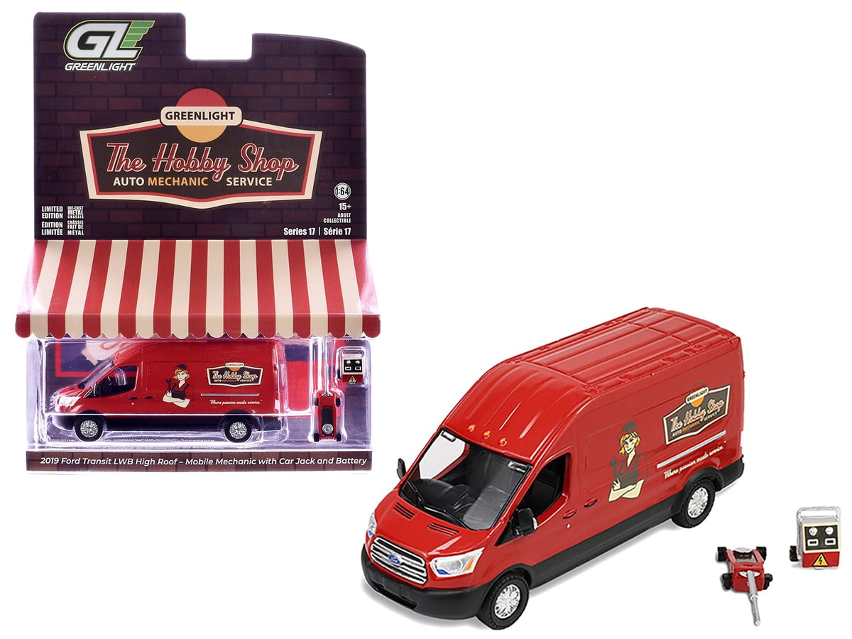 2019 Ford Transit LWB High Roof Van "Hobby Shop Auto Mechanic - Mobile Mechanic" Red with Car Jack and Battery "The Hobby Shop" Series 17 1/64 Diecast Model Car by Greenlight