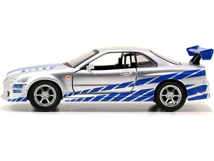Brian's Nissan Skyline GT-R (R34) RHD (Right Hand Drive) Silver Metallic with Blue Stripes "2 Fast 2 Furious" (2003) Movie "Fast & Furious 25th Anniversary" Series 1/32 Diecast Car Model by Jada image 2