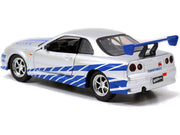 Brian's Nissan Skyline GT-R (R34) RHD (Right Hand Drive) Silver Metallic with Blue Stripes "2 Fast 2 Furious" (2003) Movie "Fast & Furious 25th Anniversary" Series 1/32 Diecast Car Model by Jada image 3