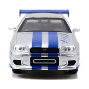 Brian's Nissan Skyline GT-R (R34) RHD (Right Hand Drive) Silver Metallic with Blue Stripes "2 Fast 2 Furious" (2003) Movie "Fast & Furious 25th Anniversary" Series 1/32 Diecast Car Model by Jada image 4