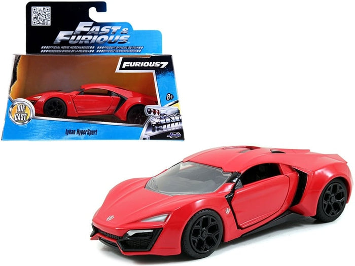 Red Lykan Hypersport 1:32 model with black wheels, shown beside Fast & Furious packaging, Jada 97386