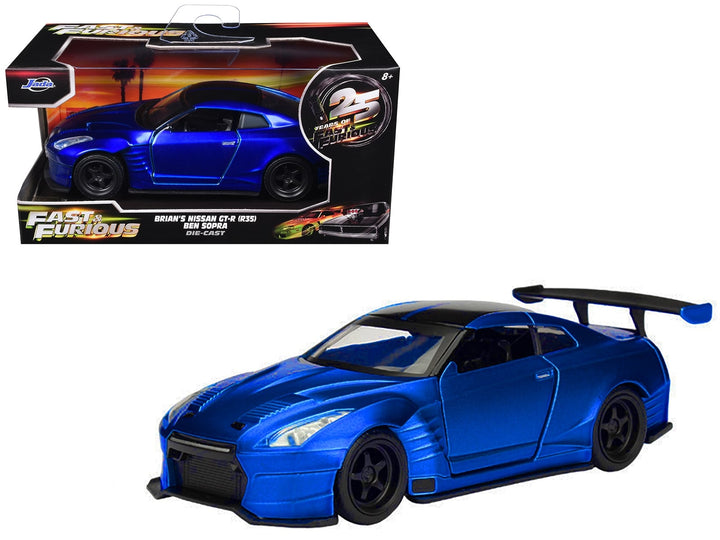Blue 1:32 Nissan GT-R R35 Ben Sopra model with black wheels, rear wing and Fast & Furious anniversary packaging, Jada 98270-25TH