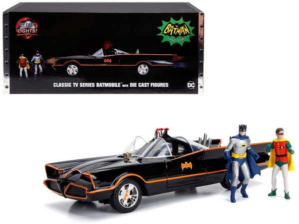 Black classic TV Batmobile with red trim, two included character figures and 80 Years of Batman packaging, Jada 98625