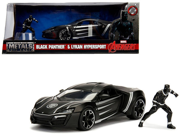 Black Lykan Hypersport and Black Panther figure, 1:24, car, included figure and Marvel box — Jada 99723
