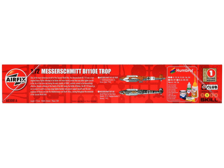 Level 2 Model Kit Messerschmitt Bf110E/E-2 TROP Fighter Aircraft with 2 Scheme Options 1/72 Plastic Model Kit by Airfix image 2