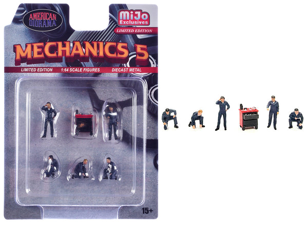 "Mechanics #5" 6 piece Diecast Figure Set (5 Figures 1 Tool Cabinet) Limited Edition for 1/64 Scale Models by American Diorama