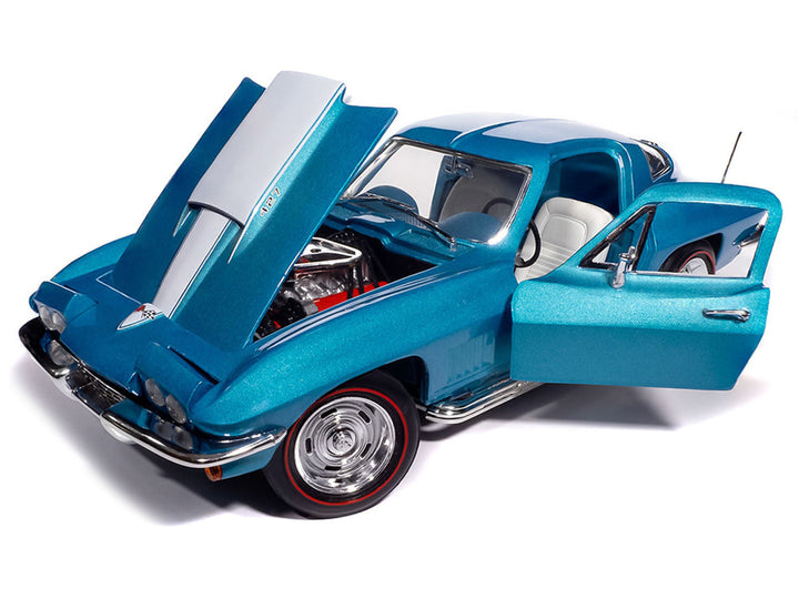 1967 Chevrolet Corvette Stingray Light Blue Metallic with White Hood Stripe "American Muscle" Series 1/18 Diecast Model Car by Auto World image 2