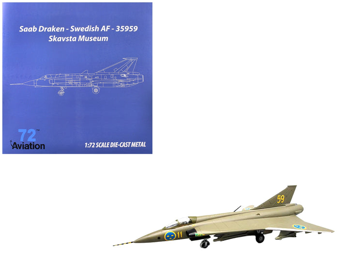 Saab S35 Draken Fighter Aircraft "59 F 11 Wing Skavsta Museum" (1979) Swedish Air Force 1/72 Diecast Model Airplane by Aviation 72