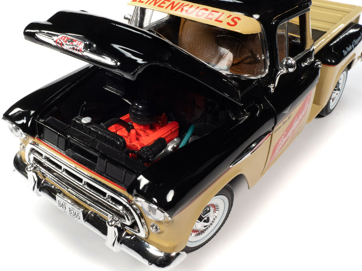 1957 Chevrolet 3100 Stepside Pickup Truck Black and Tan with Graphics "Leinenkugle's Beer The Pride of Chippewa Falls" 1/18 Diecast Model by Auto World image 2