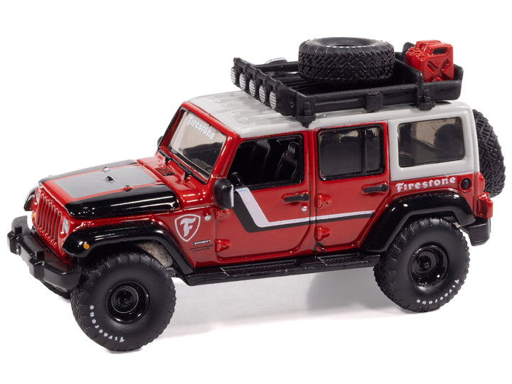 2018 Jeep Wrangler JK Unlimited Sport "Firestone Field Agent" Red with Graphics and Gray Top with Roof Rack "Big Country Collectibles" 2025 Series 1/64 Diecast Model Car by Auto World image 2