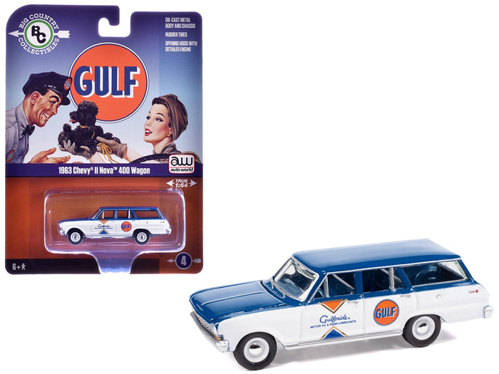 1963 Chevrolet II Nova 400 Wagon "Gulf" Blue and White with Blue Interior "Big Country Collectibles" 2025 Series 1/64 Diecast Model Car by Auto World