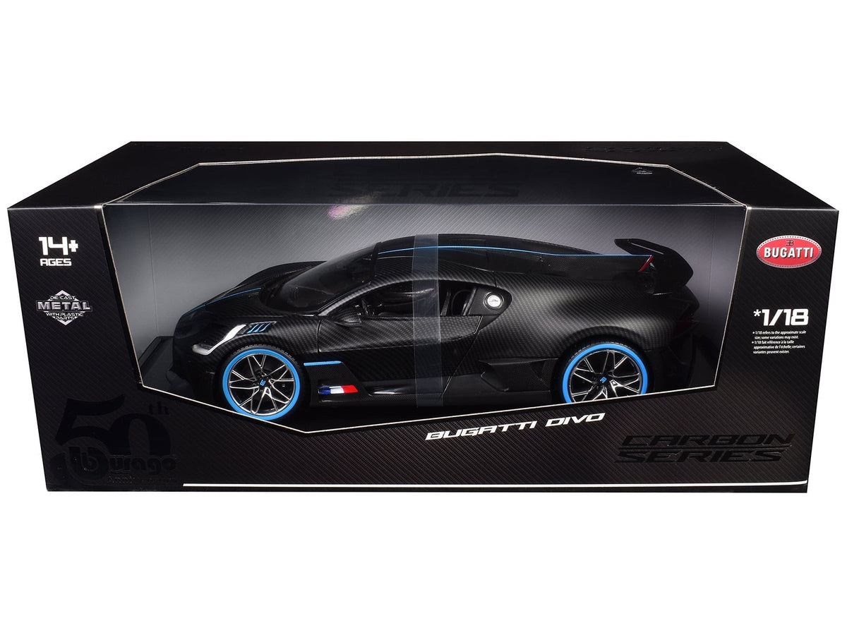 Bugatti Divo Carbon Fiber with Blue Accents "Carbon Series - Bburago 50th Anniversary" 1/18 Diecast Model Car by Bburago image 2