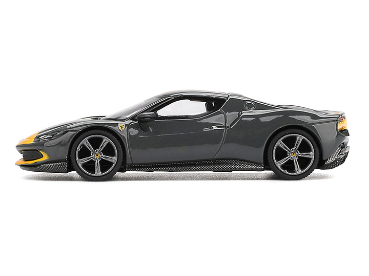 Ferrari 296 GTB Assetto Fiorano Grigio Scuro (Dark Gray) with Yellow Stripes 1/64 Diecast Model Car by BBR image 2