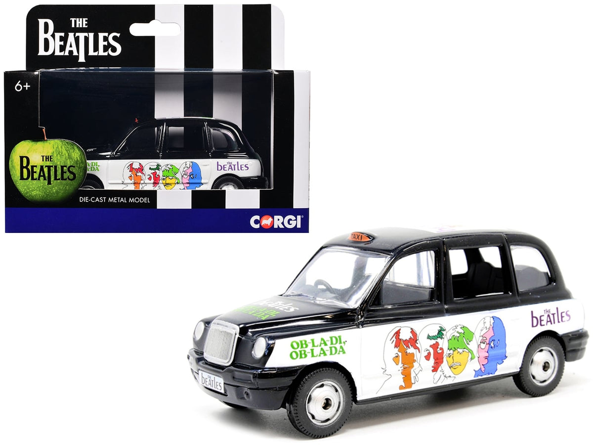 The Beatles London Taxi RHD (Right Hand Drive) "Ob-La-Di Ob-La-Da" Black and White with Graphics Diecast Model by Corgi