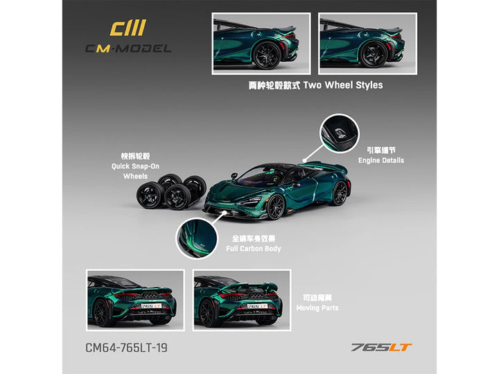 McLaren 765LT Green Carbon Metallic with Black Top and Extra Wheels 1/64 Diecast Model Car by CM Model image 2