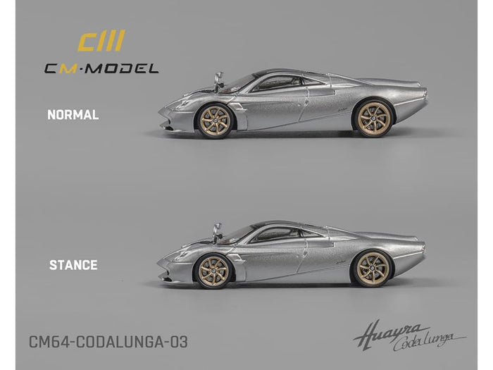Pagani Huayra Codalunga Silver Metallic with Sunroof and Extra Wheels 1/64 Diecast Model Car by CM Model image 3