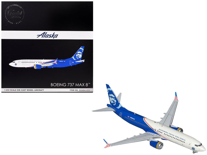 Boeing 737 MAX 8 Commercial Aircraft "Alaska Airlines - Honoring Those Who Serve" (N806AK) White and Blue "Gemini 200" Series 1/200 Diecast Model Airplane by GeminiJets image 2