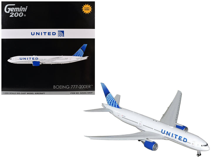 Boeing 777-200ER Commercial Aircraft with Flaps Down "United Airlines" (N798UA) White with Blue Tail "Gemini 200" Series 1/200 Diecast Model by GeminiJets