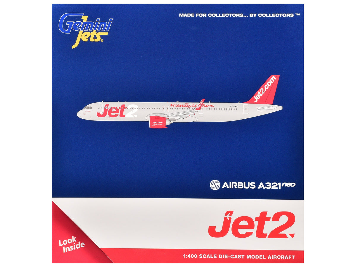 Airbus A321neo Commercial Aircraft "Jet2" (G-SUNO) Gray Metallic with Red Tail 1/400 Diecast Model Airplane by GeminiJets image 3