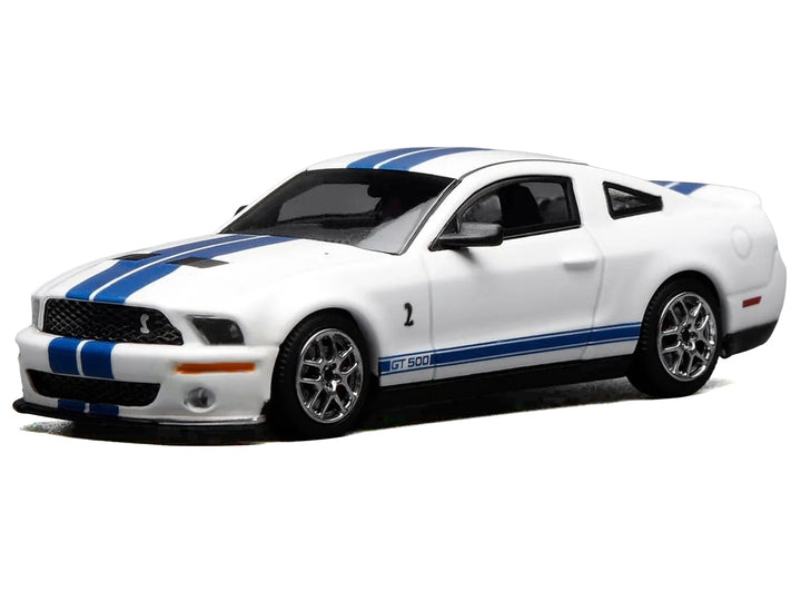 2007 Ford Mustang Shelby GT500 Performance White with Blue Stripes 1/64 Diecast Model Car by MotorHelix & Greenlight image 2
