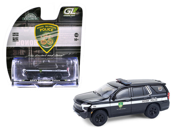 GreenLight 2024 Chevrolet Tahoe Dover Police 100th Anniversary black white 1:64 GL30549, product image 1