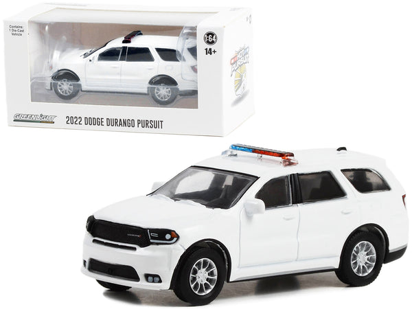 White 2022 Dodge Durango Pursuit with roof lightbar detail, GreenLight 1:64 model, item GL43003.
