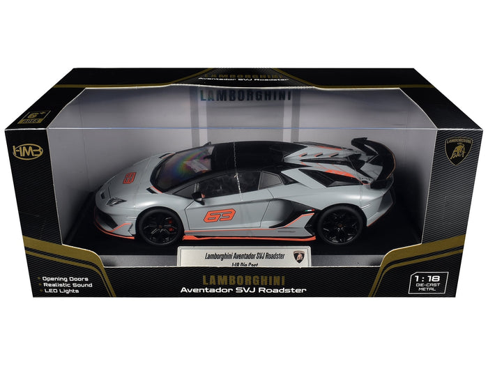 Lamborghini Aventador SVJ Roadster Matt Gray with Carbon Top and Orange Accents 1/18 Diecast Model Car by Heimanba