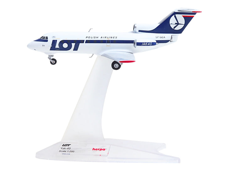 Yakovlev Yak-40 Commercial Aircraft "LOT Polish Airlines" (SP-GEA) White with Blue Stripes and Tail 1/200 Diecast Model by Herpa image 2