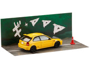 Honda Civic (EK9) RHD (Right Hand Drive) Yellow with Carbon Hood "Initial D" (1995-2013) Manga "Diorama Set Series" 1/64 Diecast Model car by Hobby Japan image 4