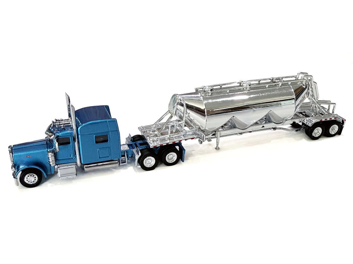 Peterbilt 389 Truck Tractor with Sleeper Cab Blue Metallic and Pneumatic Tank Trailer Chrome Combo Set 1/87 (HO) Plastic Model Car by HO Logistics image 2