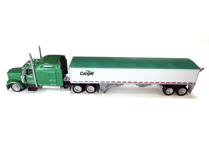 Kenworth W900L Truck Tractor with Sleeper Cab "Cargill" Green and Covered Grain Trailer White with Green Tarp Combo Set 1/87 (HO) Plastic Model Car by HO Logistics image 2