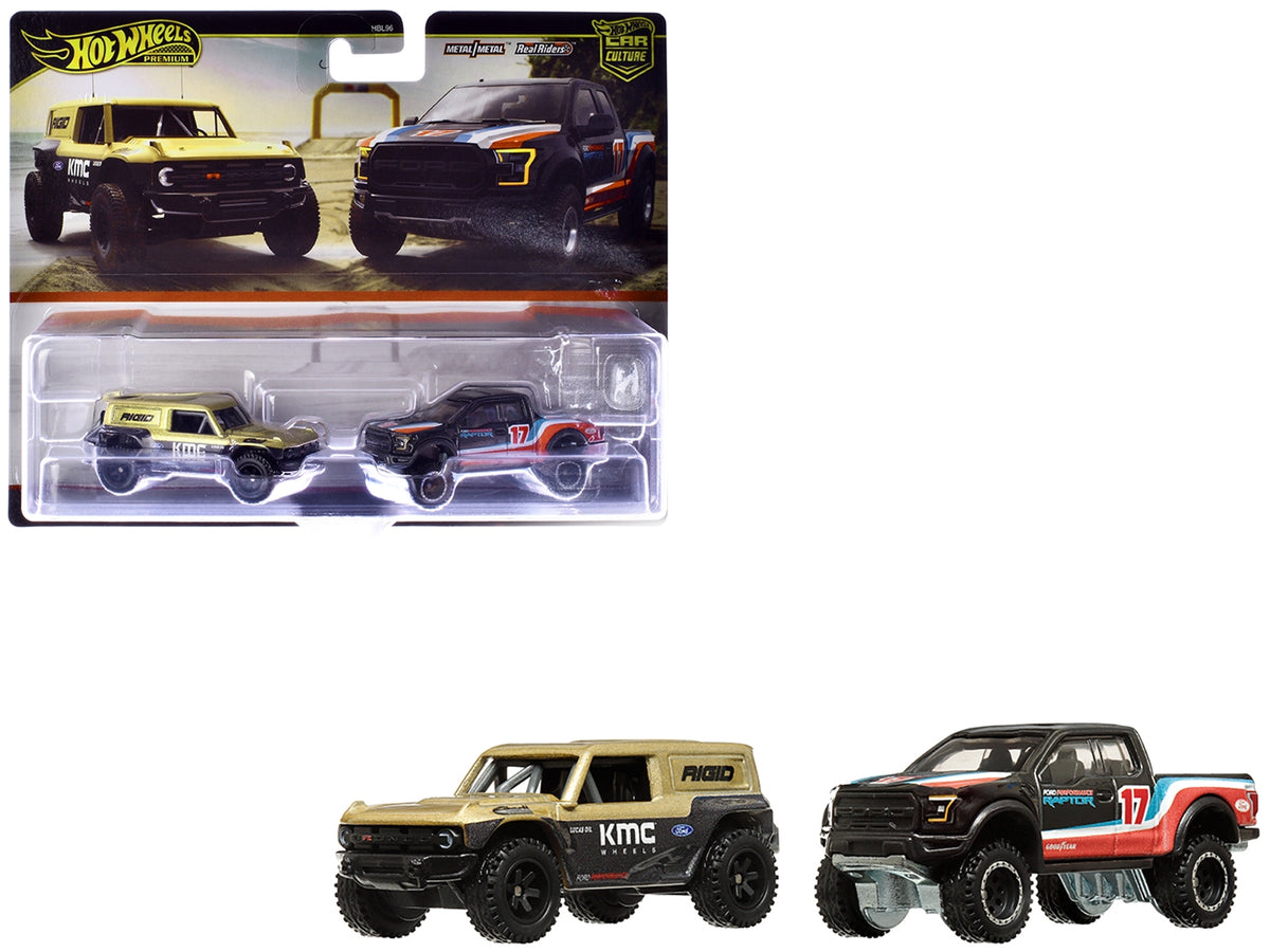 Ford Bronco R Gold Metallic and Black and 2017 Ford F-150 Raptor Pickup Truck #17 Black with Stripes "Car Culture" Set of 2 Cars Diecast Model Cars by Hot Wheels image 2