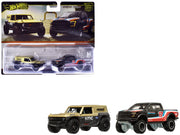 Ford Bronco R Gold Metallic and Black and 2017 Ford F-150 Raptor Pickup Truck #17 Black with Stripes "Car Culture" Set of 2 Cars Diecast Model Cars by Hot Wheels image 2