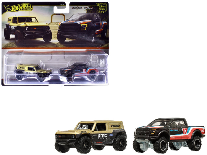 Ford Bronco R Gold Metallic and Black and 2017 Ford F-150 Raptor Pickup Truck #17 Black with Stripes "Car Culture" Set of 2 Cars Diecast Model Cars by Hot Wheels image 2