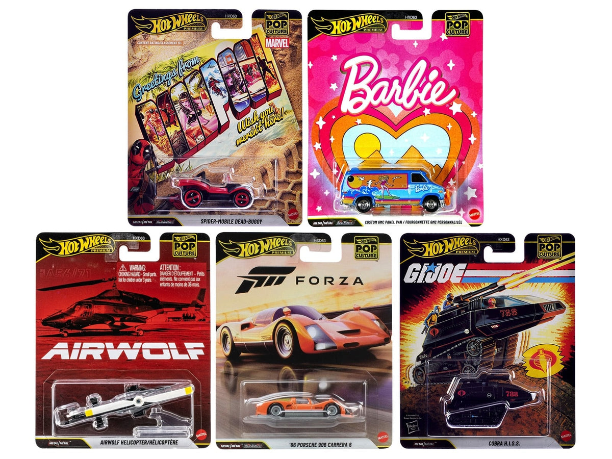 "Pop Culture 2025" 5 piece Set Q "Premium Series" Diecast Model Cars by Hot Wheels