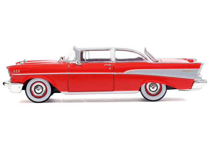1957 Chevrolet Bel Air Red with White Top and Red Interior 1/64 Diecast Model by IXO Models image 2