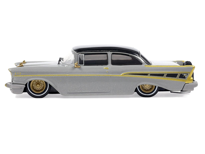 1957 Chevrolet Bel Air Lowrider Gray with Black Top and Gold Accents 1/64 Diecast Model Car by IXO Models image 2
