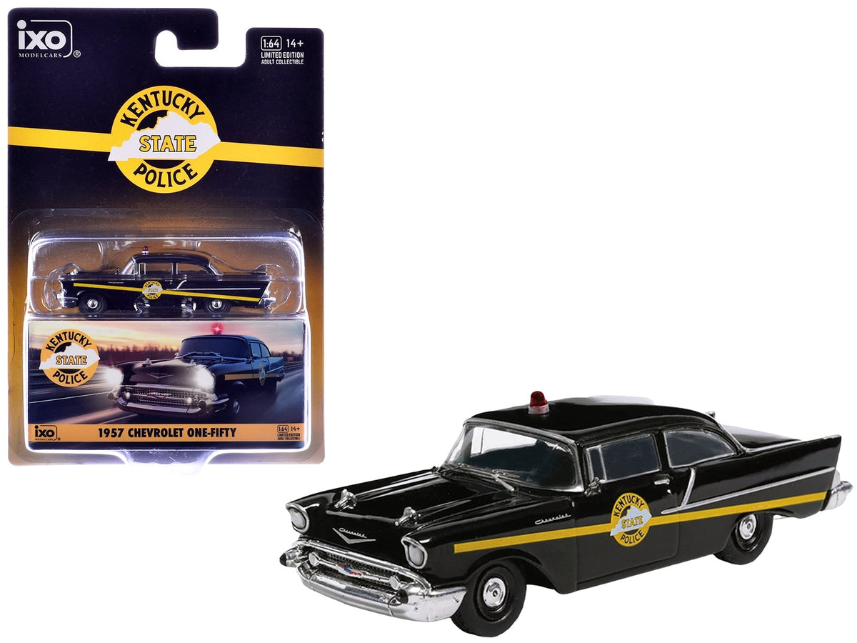 1957 Chevrolet One-Fifty Police Car "Kentucky State Police" Black with Yellow Stripes 1/64 Diecast Model Car by IXO Models
