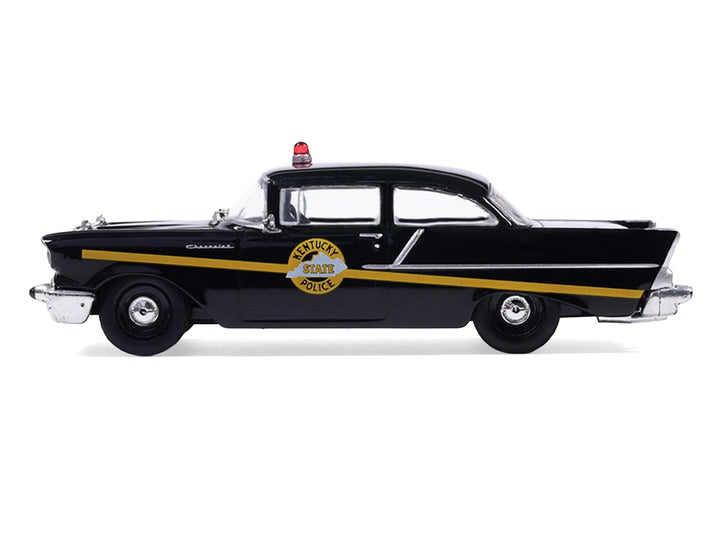 1957 Chevrolet One-Fifty Police Car "Kentucky State Police" Black with Yellow Stripes 1/64 Diecast Model Car by IXO Models image 2
