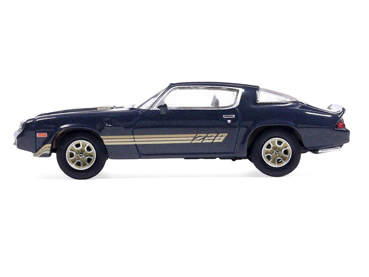 1981 Chevrolet Camaro Z28 Dark Blue Metallic with Gold Stripes and Interior 1/64 Diecast Model Car by IXO Models image 2