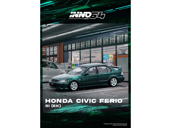 Honda Civic Ferio Si (EK) RHD (Right Hand Drive) Green Metallic 1/64 Diecast Model Car by Inno Models image 3