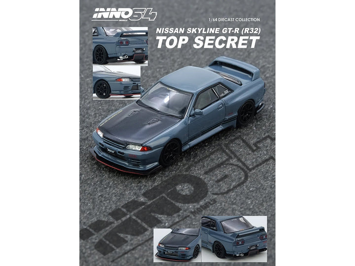 Nissan Skyline "Top Secret" GT-R (R32) RHD (Right Hand Drive) Stealth Gray with Carbon Hood 1/64 Diecast Model Car by Inno Models image 2