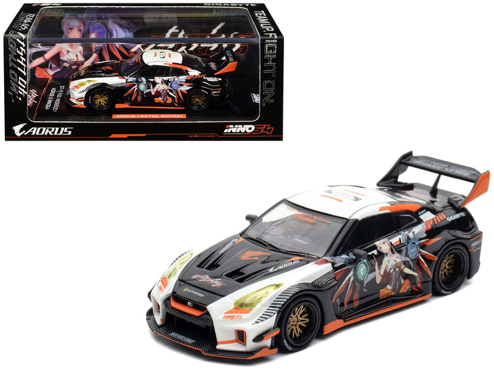 Nissan GT-R (R35) Widebody RHD (Right Hand Drive) Black and White with Graphics "AORUS X INNO64 Limited Edition" 1/64 Diecast Model Car by Inno Models