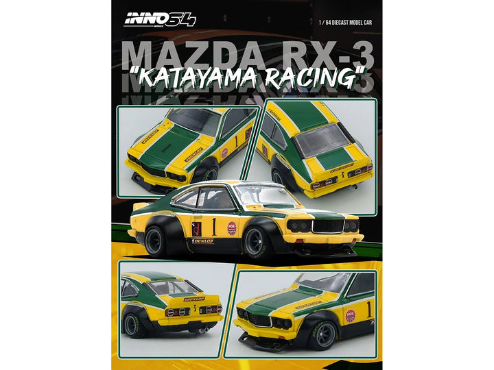 Mazda RX-3 Savanna RHD (Right Hand Drive) #1 "Katayama Racing Livery" Green and Yellow Striped 1/64 Diecast Model Car by Inno Models image 2