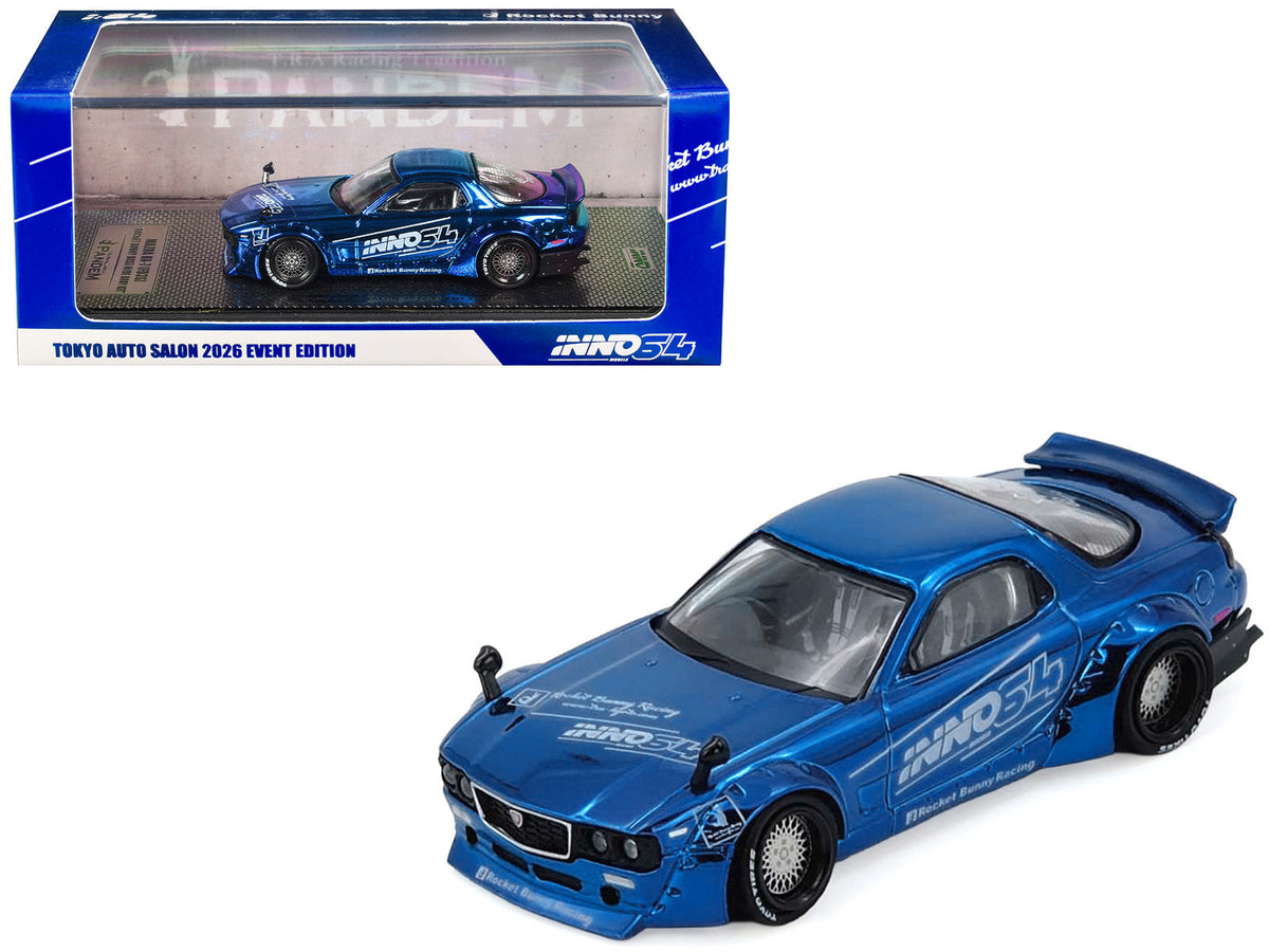 Inno Models Mazda RX-7 FD3S right-hand drive Pandem Rocket Bunny blue chrome Tokyo Auto Salon 2026 1:64 IN64-RX7FDP-TAS26, view 1