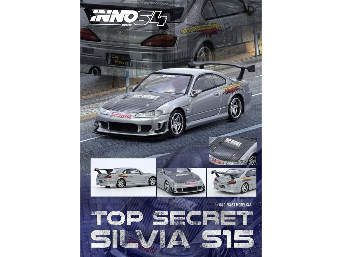 Nissan "Top Secret" Silvia (S15) RHD (Right Hand Drive) Silver Metallic with Carbon Hood 1/64 Diecast Model Car by Inno Models image 4