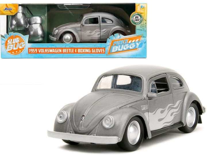 Gray 1959 Volkswagen Beetle with silver flames, Punch Buggy, 1:32, car and box showing included glove accessory — Jada JA34235